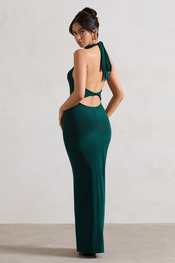 Larisa Bottle Green Cowl Halter-Neck Maxi Dress With Back Detail